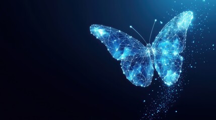 Low-poly butterfly in flight on blue tech-inspired backdrop