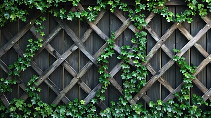 A wooden lattice fence adorned with lush green ivy, creating a natural and inviting atmosphere.