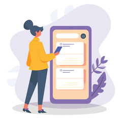 Woman interacts with giant smartphone, illustrating mobile app usage and digital communication in a stylized, modern design