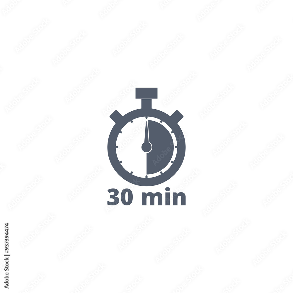 Poster timer sign icon. 30 minutes stopwatch symbol icon isolated on transparent background