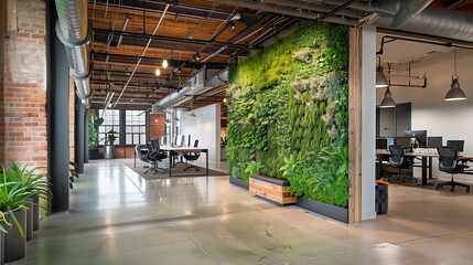eco friendly office interior Integrate sustainable design elements like energy-efficient lighting, recycled materials, and living green walls