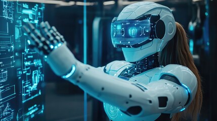 Futuristic Humanoid Robot with Virtual Reality Interface in High-Tech Environment