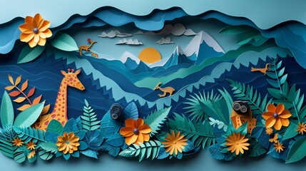 Vibrant Summer Wildlife Safari Paper Cut Scene with Animals, Binoculars, and Safari Hats - Adventure and Beauty of Nature Exploration