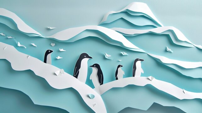 Playful Penguins: Charming Paper Cutout Group Sliding on Icebergs in Pristine Arctic Landscape