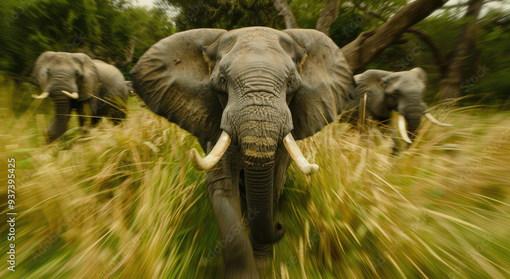 Canvas Prints A herd of elephants is seen in the wild, with one elephant standing out for its large ears and long tusks.