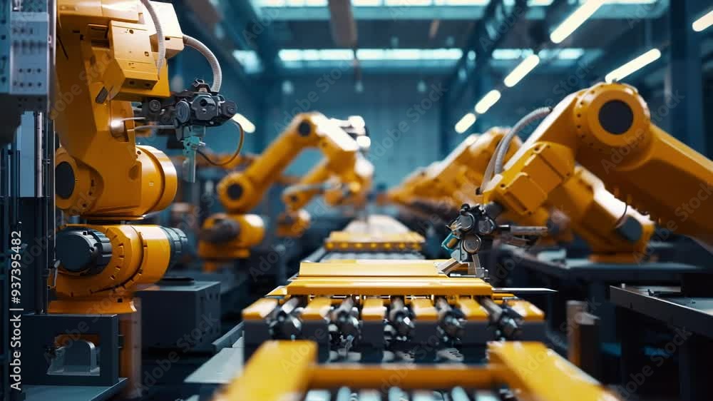 Poster row of robotic arms working on a production line in a modern factory setting, showcasing advanced au