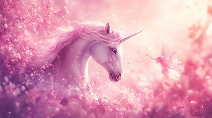 Naklejka premium A magical scene with a unicorn and fairy in a vibrant pastel watercolor style, perfect for a child's room, capturing a world of fantasy and wonder