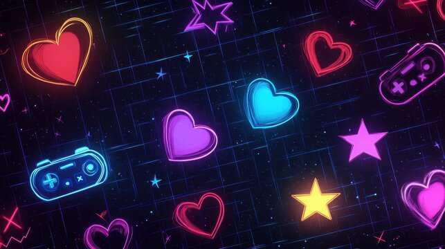 A vibrant digital pattern featuring hearts, stars, and game controllers in neon colors.