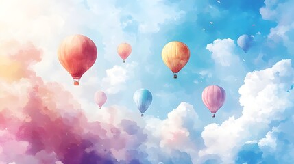 Obraz premium Colorful hot air balloon festival in the sky, rendered in soft watercolors, designed for a child's room, evoking a sense of adventure and wonder