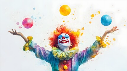 Obraz premium Pastel watercolor of a joyful clown juggling under the big top, ideal for a child's room, full of bright colors and circus magic