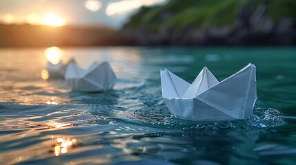 Obraz premium Navigating the Digital Learning Seas: Origami Paper Boats on Information Journey