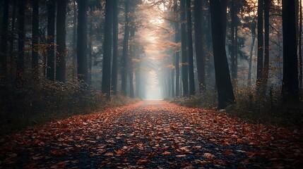 Fototapeta premium Mystical Forest Path with Fall Foliage and Fog - Realistic Image