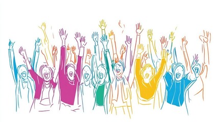 Vector Illustration of a Crowd Cheering with Hands Up, One Line Art on White Background