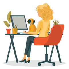 Blonde woman working from home with her dog, illustrating modern remote work lifestyle in a cozy home office setting.
