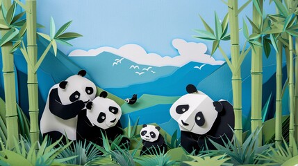 Naklejka premium Playful Panda Family Paper Cutout in Bamboo Forest Under Blue Sky