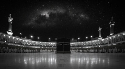 Fototapeta premium Kaabah under a starry sky, peaceful, mystical, celestial, glowing, majestic