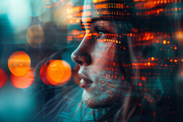 A woman's face is shown in a blurry, pixelated image. The image is a representation of the digital world and the woman's face is a symbol of the human experience in this world