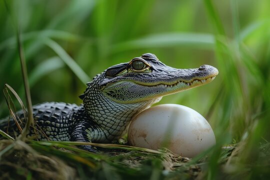 Baby alligator guarding egg in grassy habitat