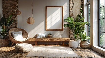 Modern Living Room Interior with Mock-Up Poster Frame, Wooden Desk, Rattan Chair, and Office Accessories