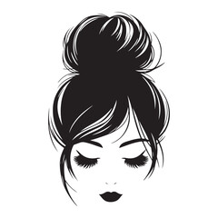 Messy hair bun, vector woman silhouette. Beautiful girl drawing illustration