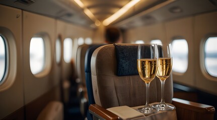 selective focus of interior of plane with champagne glasses for trip. generative.ai