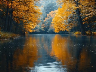 Autumn Reflection in a Forest Lake - Photo