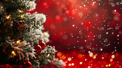 A Christmas tree with snow on it and red lights