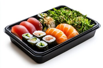 bento box featuring sushi, sashimi, and seaweed salad