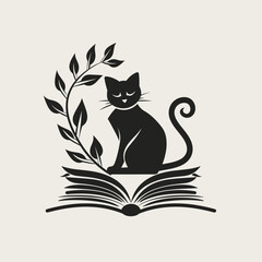 Silhouette of cat sitting on open book with leafy branch, depicting a whimsical literary or educational concept
