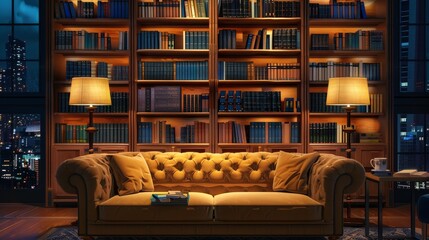 Cozy bookcase with sofa and city view   perfect virtual meeting background inspiration