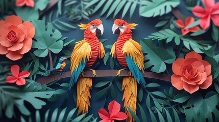 Tropical Paradise: Vibrant Paper Cut Out Rainforest with Origami Parrots and Lush Plants