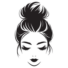 Messy hair bun, vector woman silhouette. Beautiful girl drawing illustration