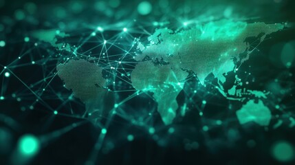Naklejka premium Global Connectivity, A digital map highlighting interconnected continents with glowing lines representing data flow and communication networks across the globe.