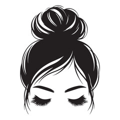 Messy hair bun, vector woman silhouette. Beautiful girl drawing illustration