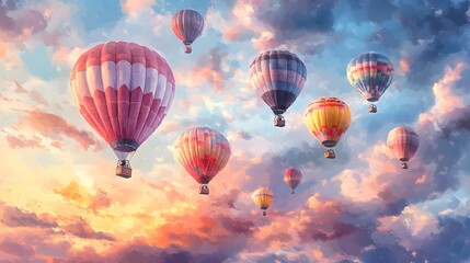 Fototapeta premium Enchanting sky with pastel-colored hot air balloons, watercolor oil painting, designed for a child's room, celebrating the magic of a colorful festival