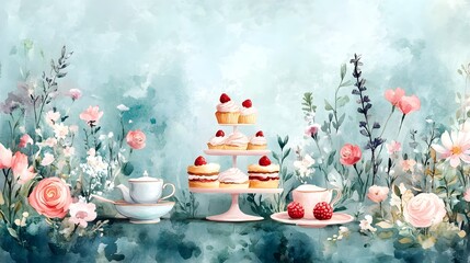 A pastel garden party scene with tea and cakes, watercolor style, perfect for a child's room, capturing the joy of a whimsical outdoor celebration