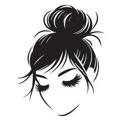 Messy hair bun, vector woman silhouette. Beautiful girl drawing illustration