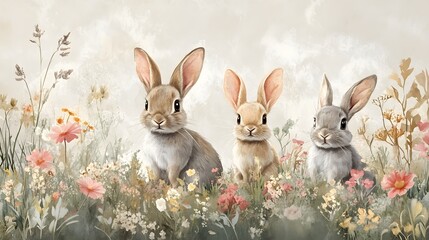 Fototapeta premium Whimsical watercolor meadow with charming rabbits, painted in soft pastels, ideal for a child's room, evoking warmth and gentle playfulness