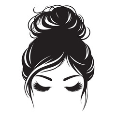 Messy hair bun, vector woman silhouette. Beautiful girl drawing illustration