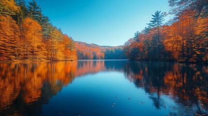 Fototapeta premium Autumn Reflections in a Tranquil Forest Lake - Photo