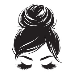 Messy hair bun, vector woman silhouette. Beautiful girl drawing illustration