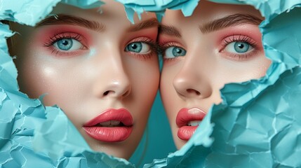 A close-up of two beautiful faces with striking blue eyes and soft pink makeup, framed by torn blue paper. The lighting is soft and highlights their flawless skin and glossy lips.