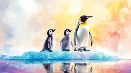 Obraz premium Charming penguin family on a colorful iceberg, depicted in gentle watercolor tones, perfect for adding warmth and joy to a child's room