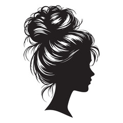 Messy hair bun, vector woman silhouette. Beautiful girl drawing illustration