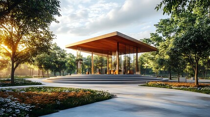 Modern Glass Pavilion in a Lush Green Park - 3D Illustration