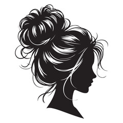 Messy hair bun, vector woman silhouette. Beautiful girl drawing illustration