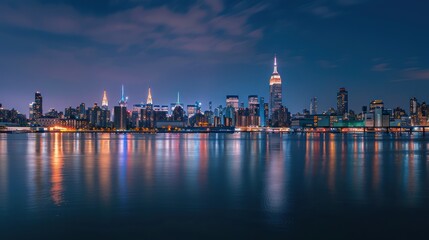 Naklejka premium City Skyline with Reflections on Calm Water at Night