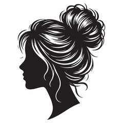 Messy hair bun, vector woman silhouette. Beautiful girl drawing illustration