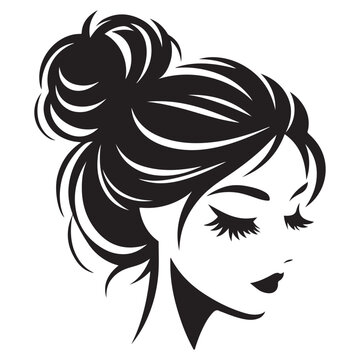 recommend clip art: Messy hair bun, vector woman silhouette. Beautiful girl drawing illustration