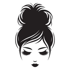 Messy hair bun, vector woman silhouette. Beautiful girl drawing illustration
